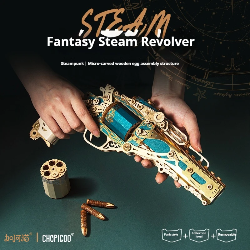 How Cat DIY 3D Wooden Puzzle Steam Revolver Assembly Model Kits Toys For Children
