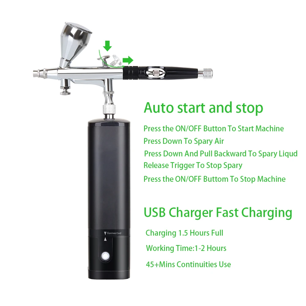 Kit Aérographe, Buse De 0,3 Mm, Rechargeable, Idéal Pour L'hydratation De La Peau, Le Nail Art, Le Tatouage, La Peinture, Maquillage Et Gâteaux, Vert | Leroy Merlin