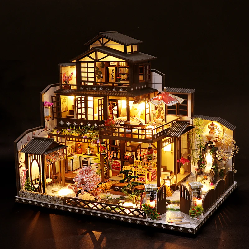 DIY Wooden Doll Houses Japanese Casa Miniature Building Kits with Furniture Led Large Villa Dollhouse for Adults Birthday Gifts 3