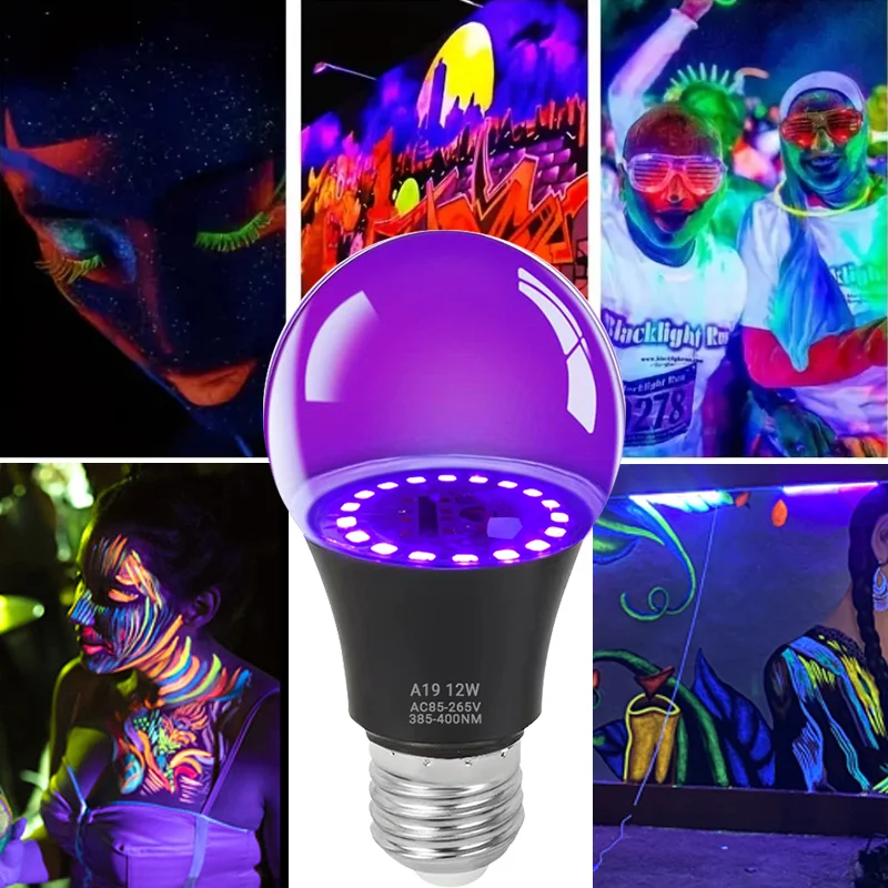 12W E27 UV LED 전구 보라색 검정색 전구 글로우 장식 형광등 램프 AC 85-265V