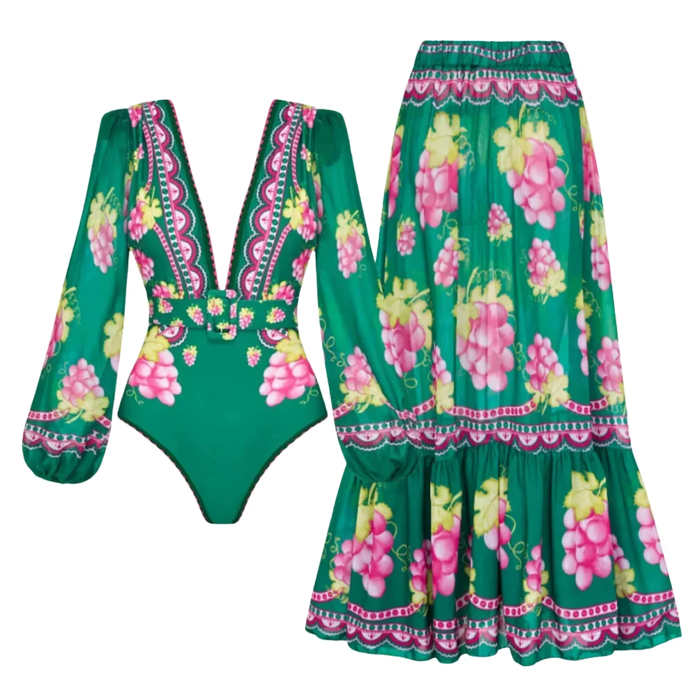 2024 Women Swimsuit Set   Retro V Neck Retro Green Grapes  Swimwear Beachwear Bathing Suit Bikini Monokini  Bodysuit tankini