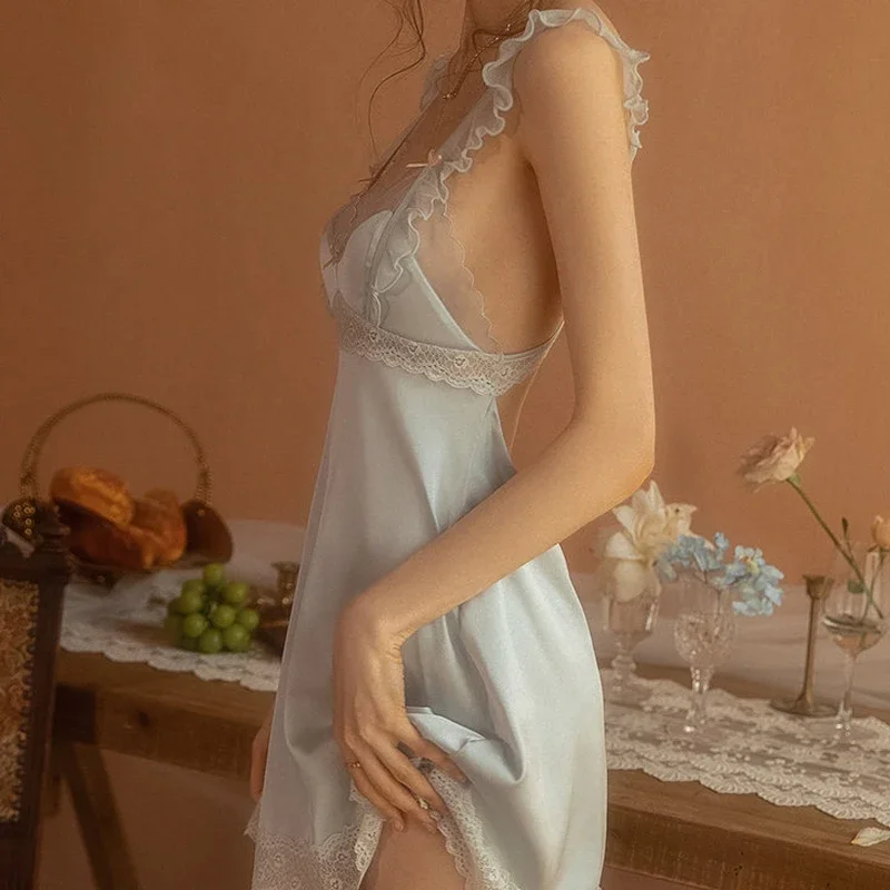 Sexy Silky Nightgowns Lingerie Pajamas Women's Sleepwear Sling Nightdress Lace Seduction Pure Desire Hot Hollow Out Night Gown