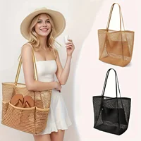 Sac fourre-tout de plage de grande capacité pour femmes – Sac à bandoulière tissé en polyester durable avec dessus ouvert pour les voyages, le shopping 1