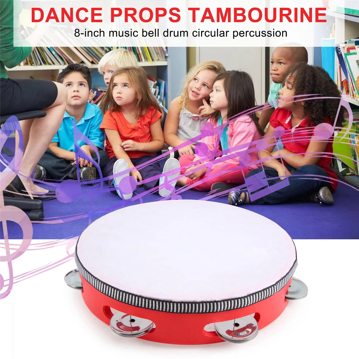 8inch Musical Tambourine Tamborine Drum Round Percussion Gift for KTV Party Red