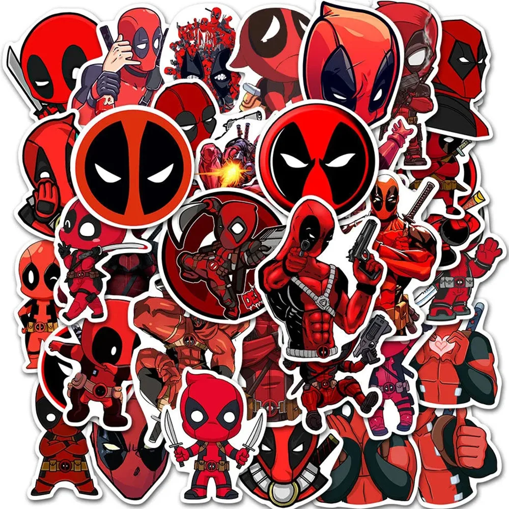 35pcs Cartoon Disney Marvel Deadpool Stickers Cool Super Hero Sticker Skateboard Bike Phone Laptop Waterproof Decal Kids Toys 10 30 50pcs marvel super heroes cartoon stickers for phone case skateboard laptop scrapbooking waterproof cool kid sticker toy