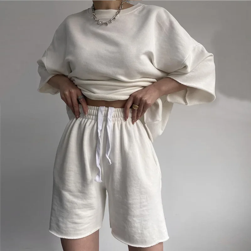 New Casual Suit Women's Half Sleeve Round Neck Loose Short Sleeve Rope Shorts Two-piece Set Korean Reviews Clothes Shorts Women