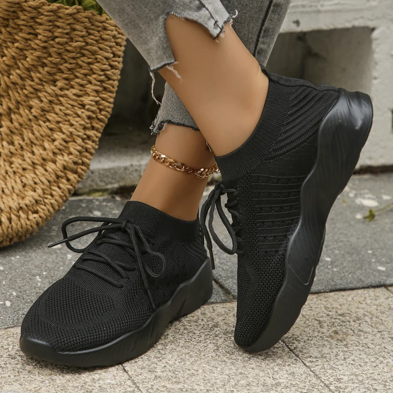 

Light Breathable Knitted Sneakers Women Spring Non-Slip Sports Shoes Woman Casual Lace Up Tennis Running Shoes Plus Size 43