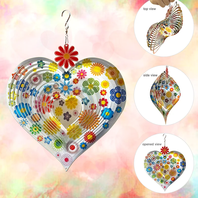 PSATHENATI Heart Wind Spinner Love 12in 3D Stainless Steel Art Geometric Kinetic Yard Decorations Indoor/Outdoor silvery