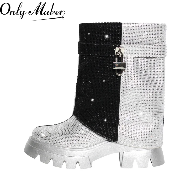 

Onlymaker Women Fold Over Rhinestone Trim Boots Round Toe Handmade Female Side Zipper Mid-Calf Boots