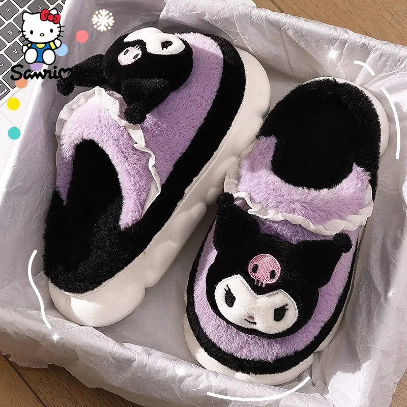 Plush Sanrio Slippers Kuromi Cinnamoroll Cotton Slippers Anime Melody Hello Kitty Winter Warm Anti-slip House Slippers For Women