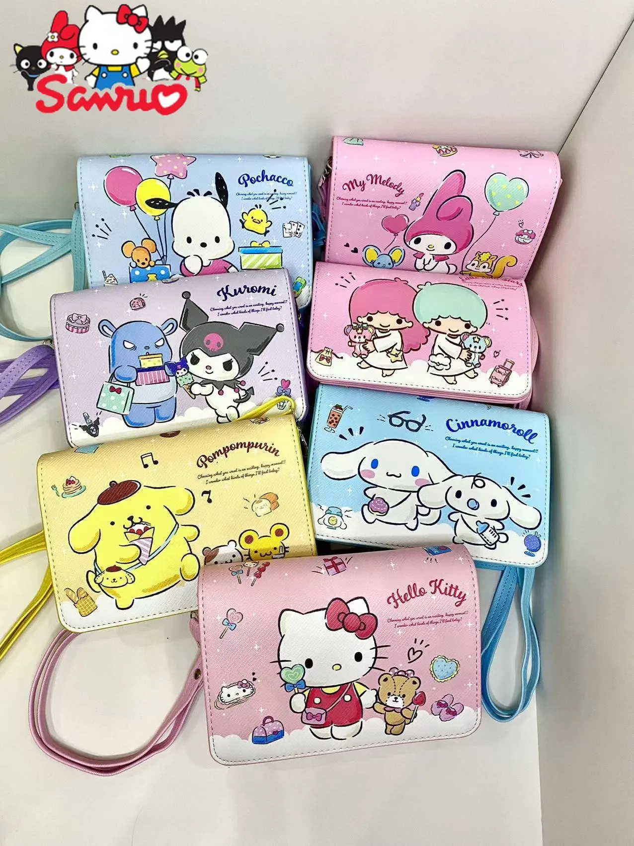 

MINISO Melody Kuromi Hello Kitty Cinnamoroll Pochacco Square Leather Waterproof Shoulder Bag Shopping Strap Magnetic Closure Bag