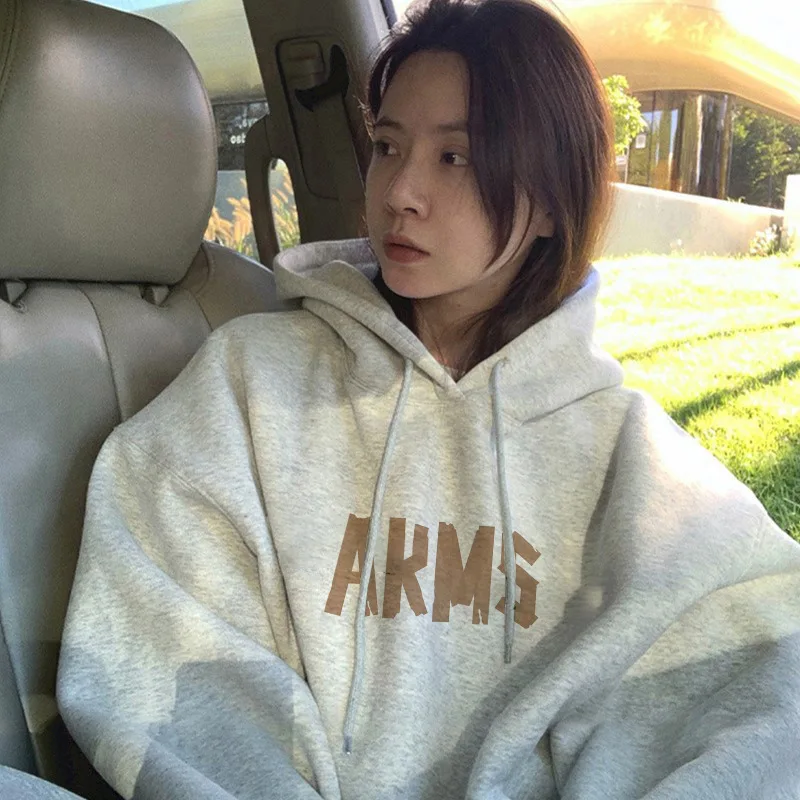 2023 Winter Women's Vintage Long Sleeve Letter Print Sweatshirts American Retro Hooded Drawstring Female Fashion Loose Top