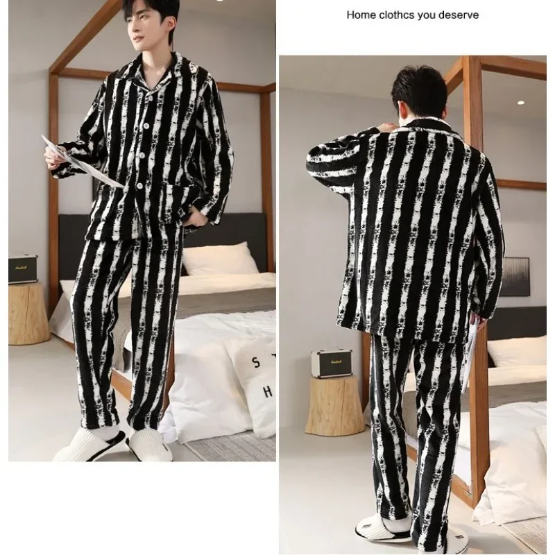 2024 New Pajamas Men Winter Plus Fleece Thick Sleepwear Flannel Warm Coral Velvet Homewear Plus Size V-neck Loungewear Suit