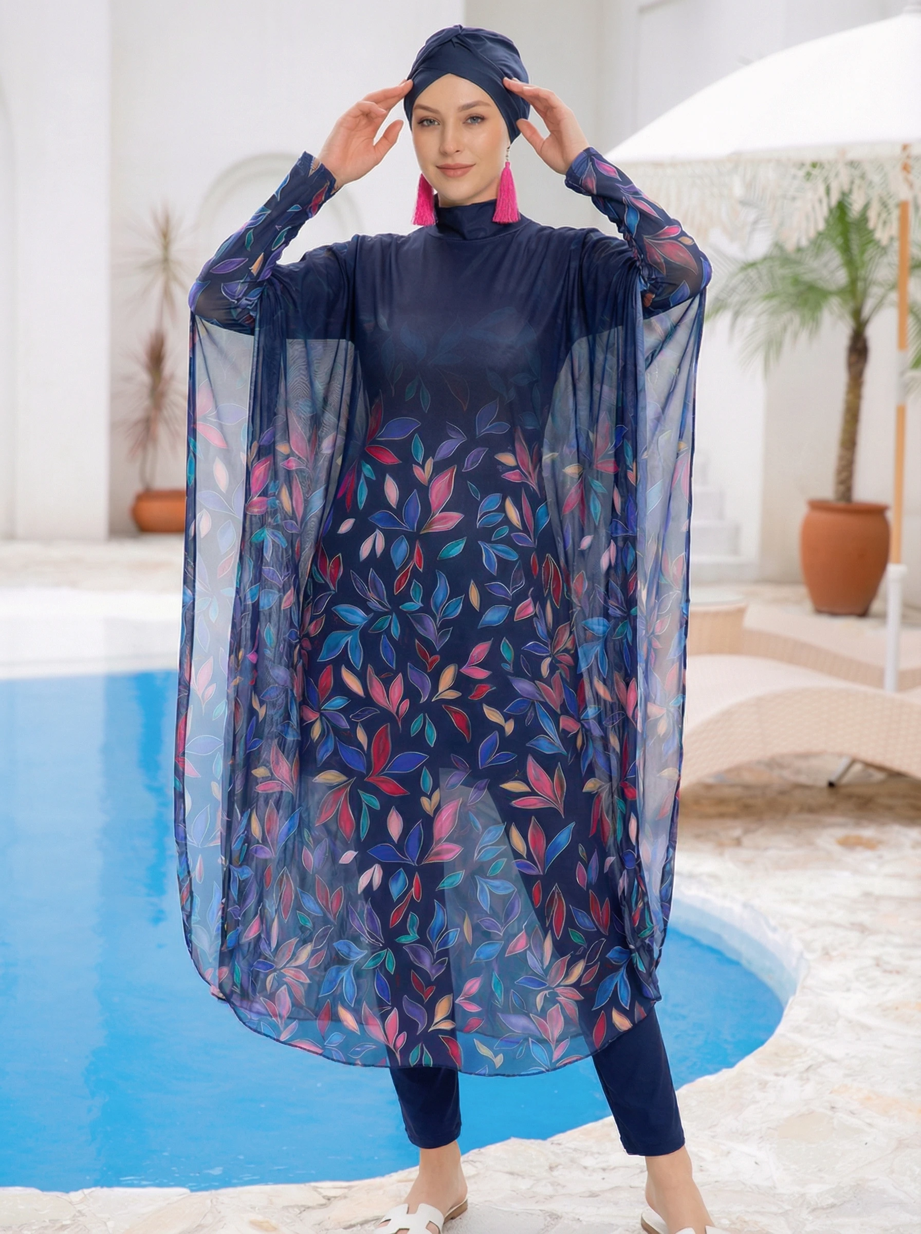 4-teiliges Burkini-Set, langärmlig, vollständig bedeckend, konservativer Badeanzug, Urlaubsstil, figurbetont, Strand-Badeanzug-Set für Damen – Detail 9