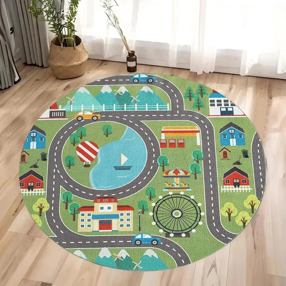 שטיח משחק ילדים עגול עם עיצוב חיות ודרך בעיר - שטיח חינוכי לחדר הילדים עיצוב בית שטיחים לחדר השינה