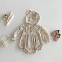 7014 Korea Baby Bag Fart Clothes 2025 Spring and Autumn Hot Sale Baby Girl's One Piece Clothes Print Climbing Clothes with Hat