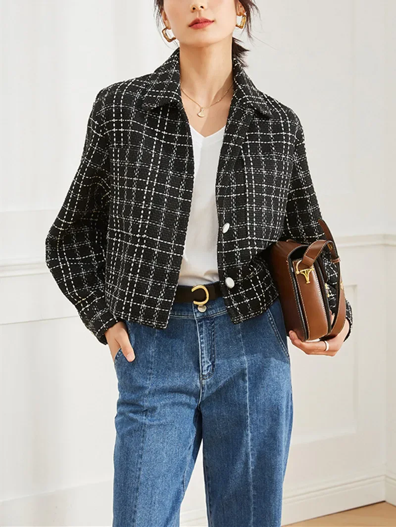 

Women Coat Tweed Plaid Single Breasted Autumn All-Match Short Jacket