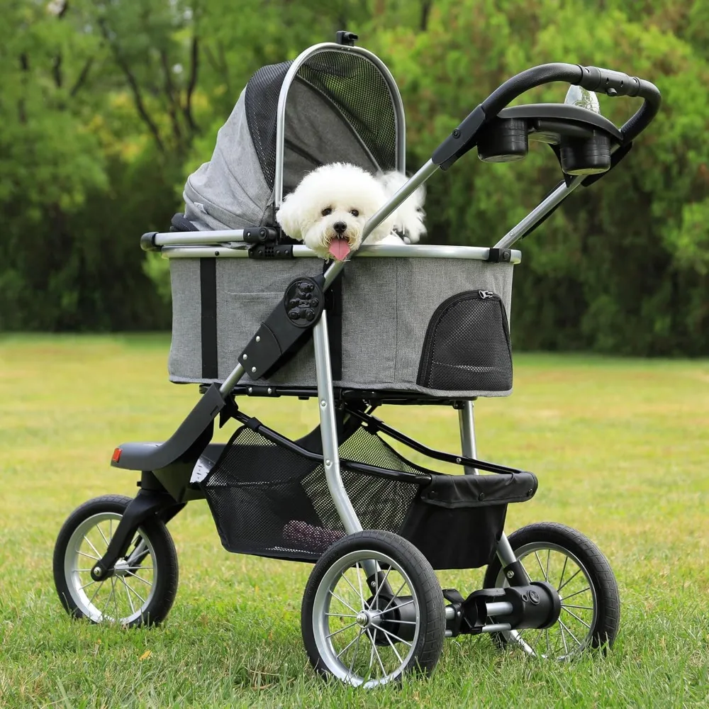 MSmask Pet Stroller, Premium 3-in-1 Large Dog Stroller for Cats/Dogs with Detachable Carrier, Zipperless Dual Entry, Foldable