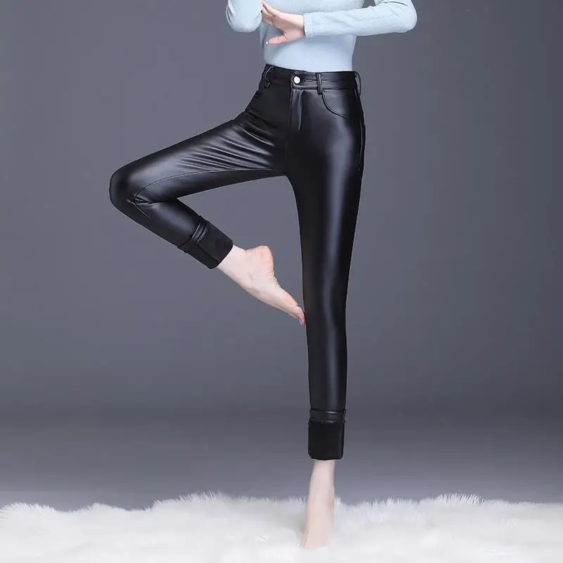 Open Crotch Outdoor Sex Faux Leather Pants Women Men High Waist Elastic Velvet Warm PU Winter Club Leggings Casual Trousers Plus