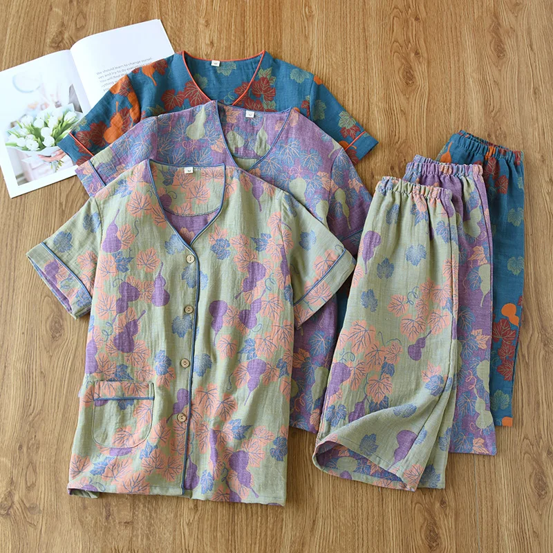 

2024Japanese Spring/Summer New Women's Pajama Set 100% Cotton Crepe Short Sleeve+Capris Two Piece Ladies Thin Home Suit Cardigan