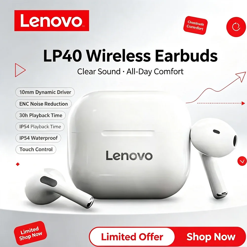 Lenovo LP40 Pro TWS Bluetooth Earphones with Ergonomic Design and Powerful Transmission