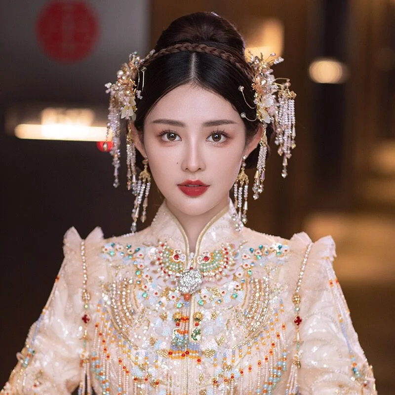 

Bride 2022 New Gold Crystal Tassel Chinese XiuHe Costume Ancient Wedding Headwear Hair Accessories for Women