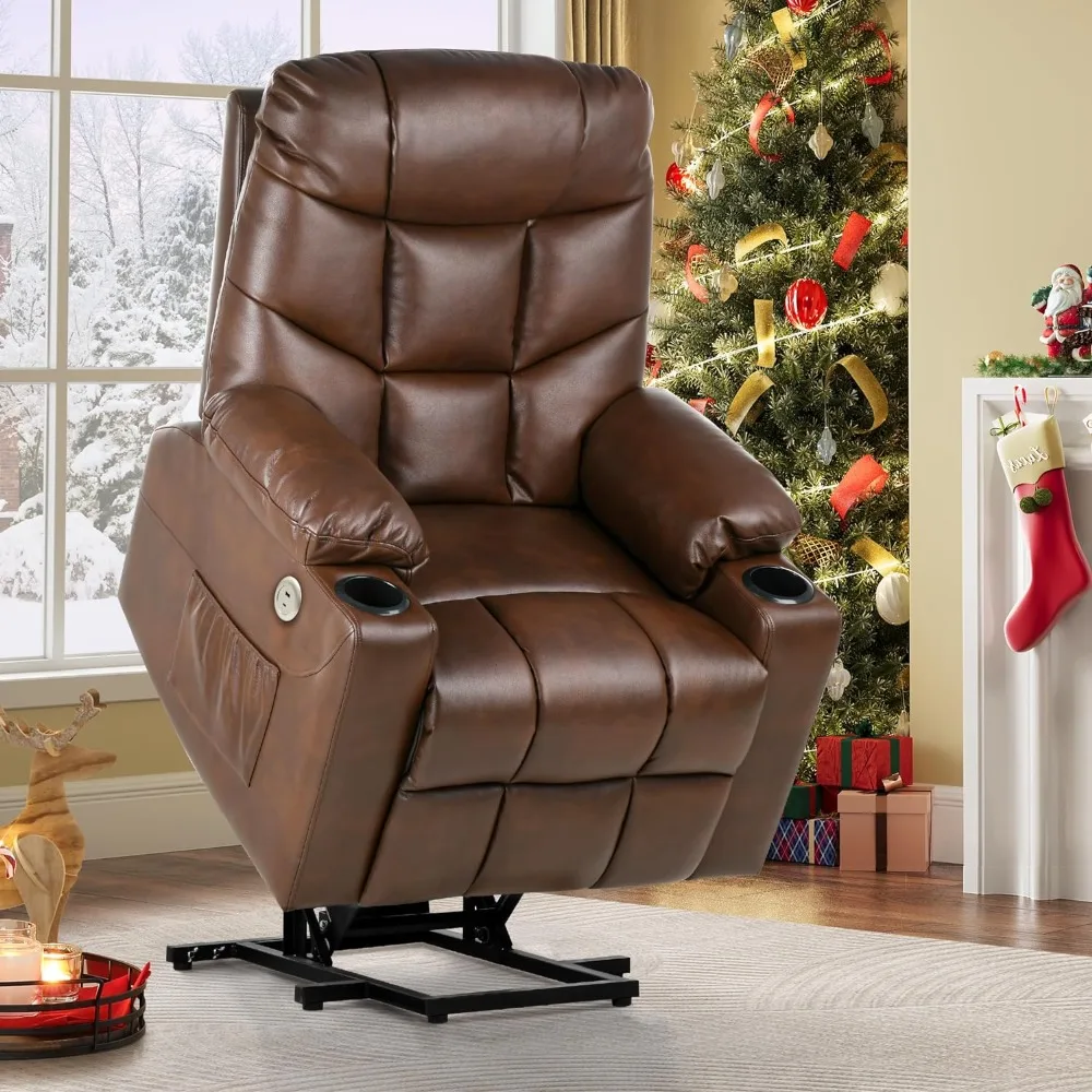 

Electric Power Lift Recliner Chair for Elderly, Leather Recliner Chair with Massage and Heat,Spacious Seat,USB Ports,Cup Holders
