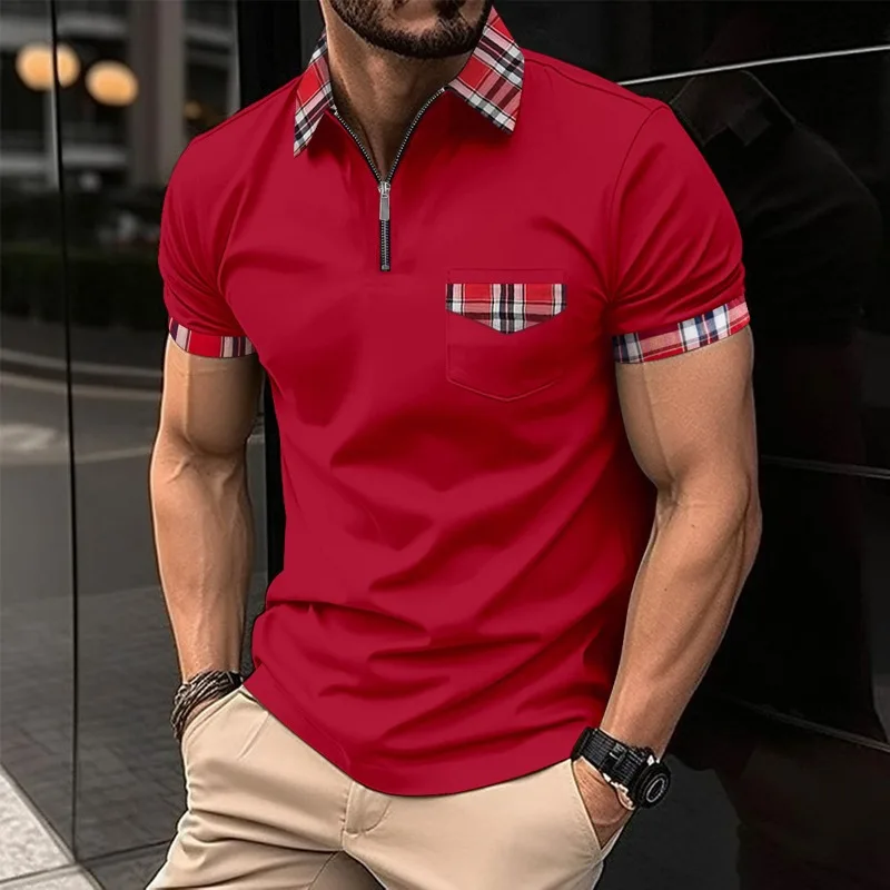 Polo da uomo a quadri con cerniera e tasche, maglietta estiva casual sportiva a maniche corte - immagine 3