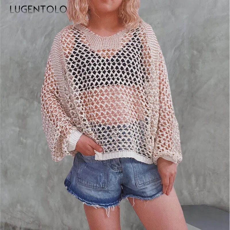 

Women Sexy Knit Sweaters Summer Loose Hollow Out Batwing Sleeve Beach Sunscreen Cover Lady Casual Pullover Cloth Lugentolo