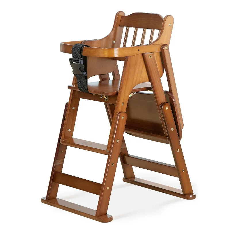 Foldable Children's Feeding Chair Solid Wood Dining High Chair With Tray For Babe Multifunctional Secure Booster Seat