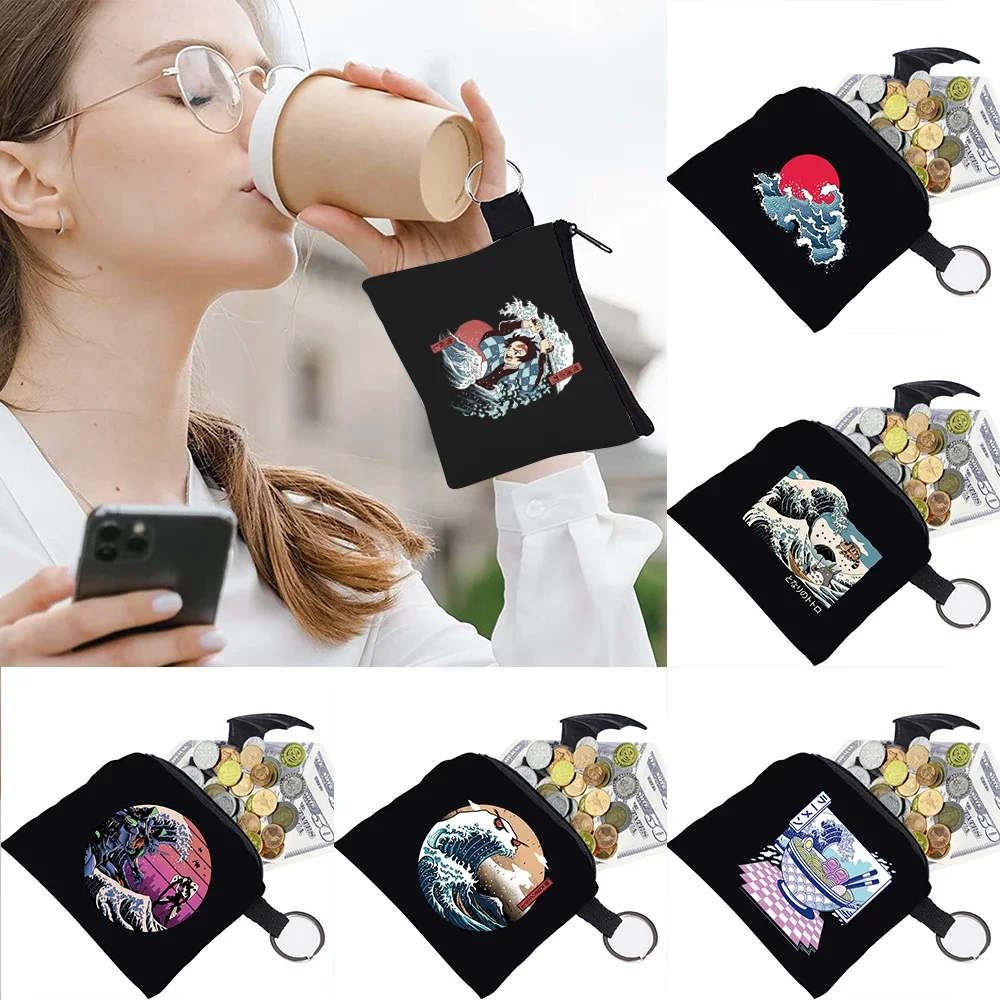 Purse Unisex Coin Bag Earplugs Key Storage Bag Small Object Ring Buckle Zipper Black Canvas Wave Print Pattern Series