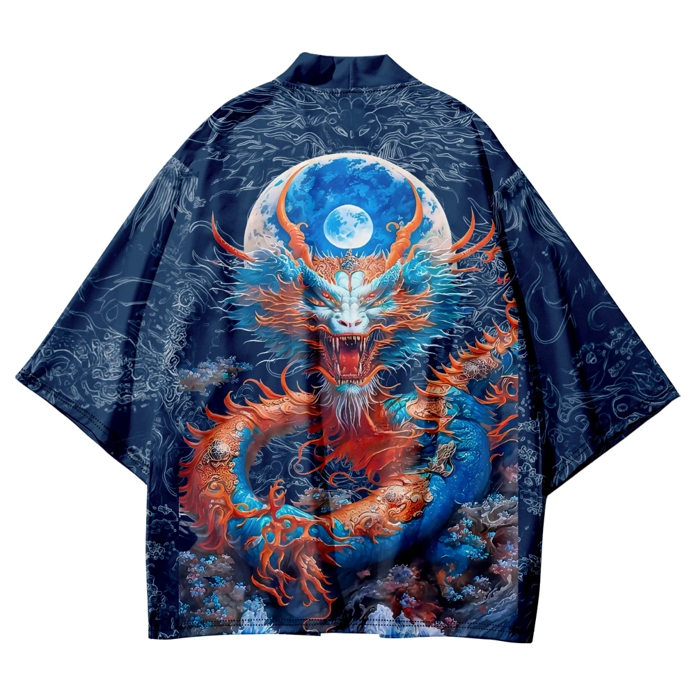 

Plus Size 6XL 5XL 4XL Japanese Streetwear Cardigan Women Men Harajuku Anime Dragon Print Haori Cosplay Kimono Shirts Blue Yukata