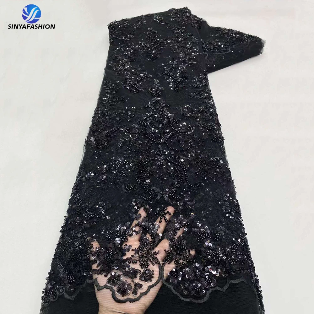 

Sinya African Sequins Tulle Lace Fabric High Quality Black French Luxury Heavy Handmade Beaded Lace Fabric For Wedding Dress
