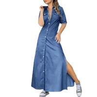 Summer Oversized Women's L-5XL Plus Size Lapel Button Denim Dress Solid Color Oversized Loose Slit Dress Fashion Casual Pocket - Image 4