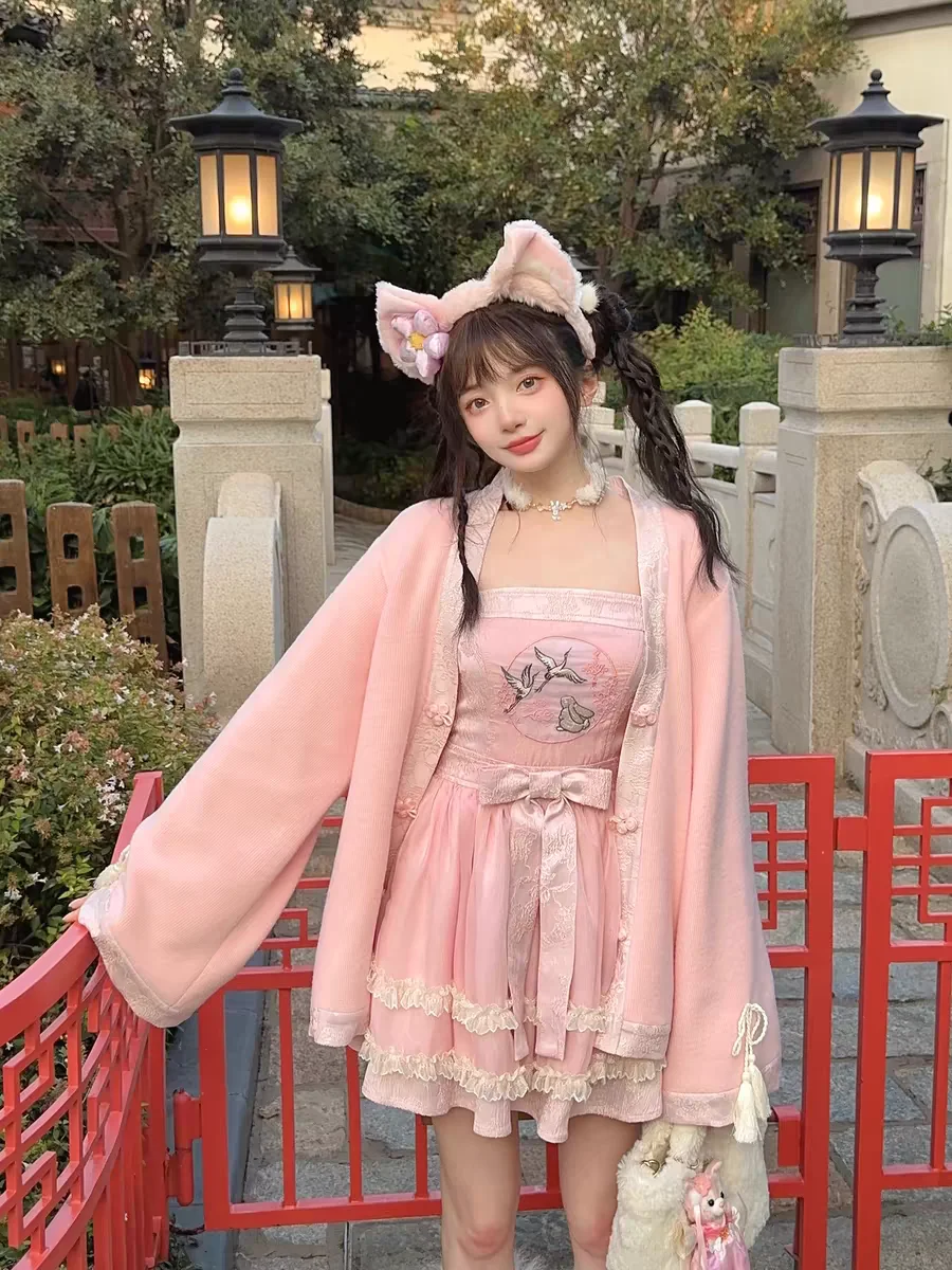 

Princess sweet lolita bobon21 Chinese style embroidery rabbit and red-crowned crane Knitted pink bow Dress Improve Hanfu CD2286