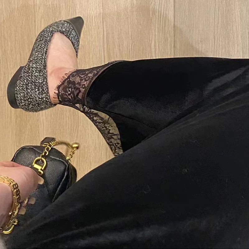 Good Quality Maternity Winter Velour Skirts Lace Hem Patchwork Long Loose Pregnant Woman Black Elegant Belly Skirts for Party