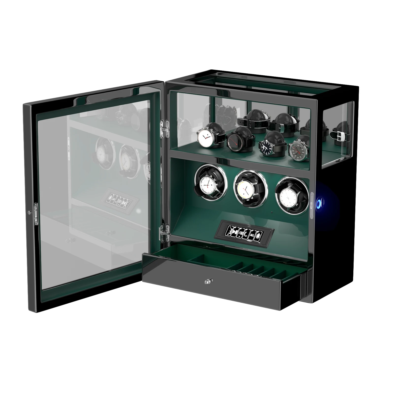 Fingerprint Unlock Automatic Watch Winder 3 Slots Display and Jewelry Storage Drawer Remote Control Watch Safe Box