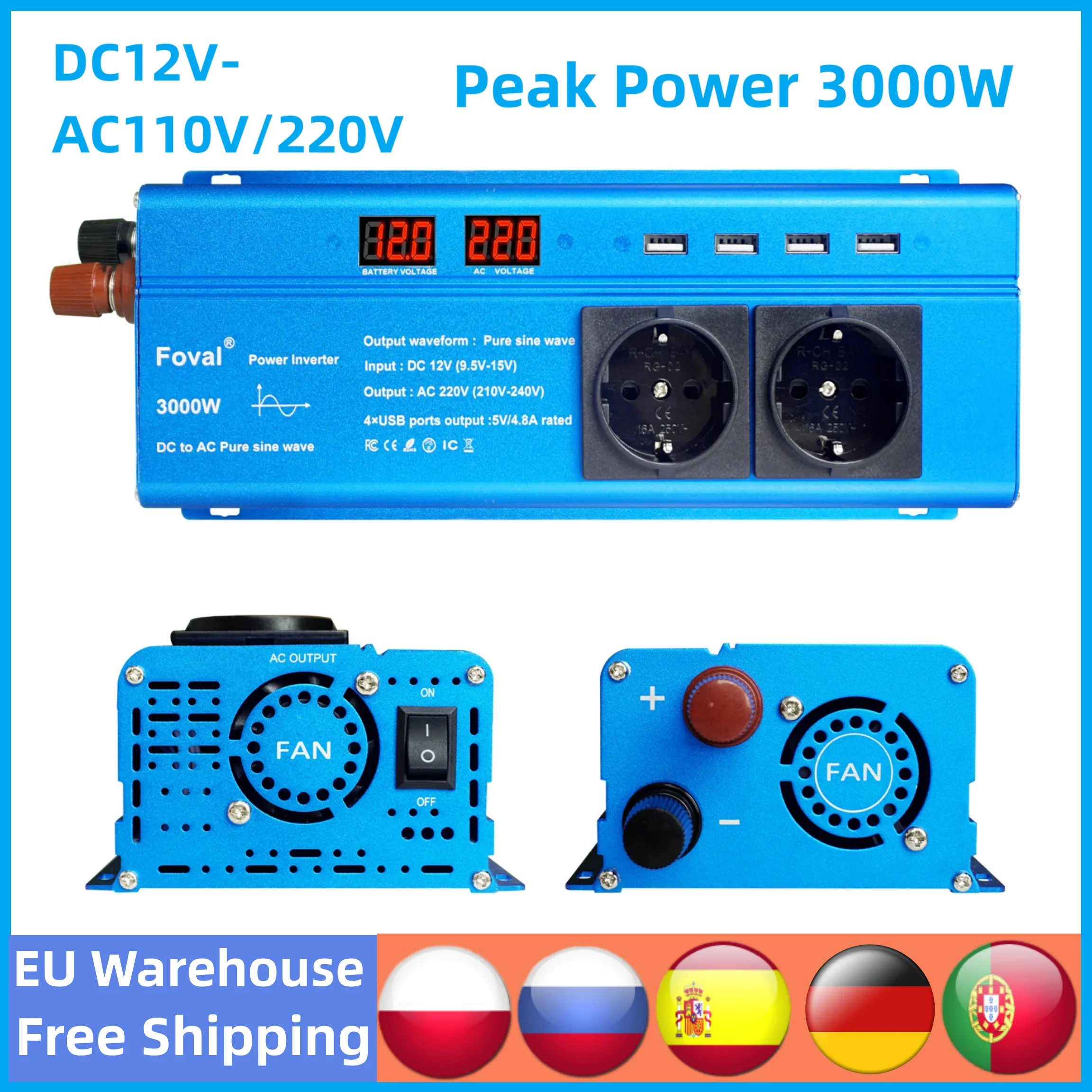 

Power Inverter 3000W DC 12V To AC 110V/220V Transformer with USB Pure Sine Wave Universal/EU/US Socket Charge with LED Display