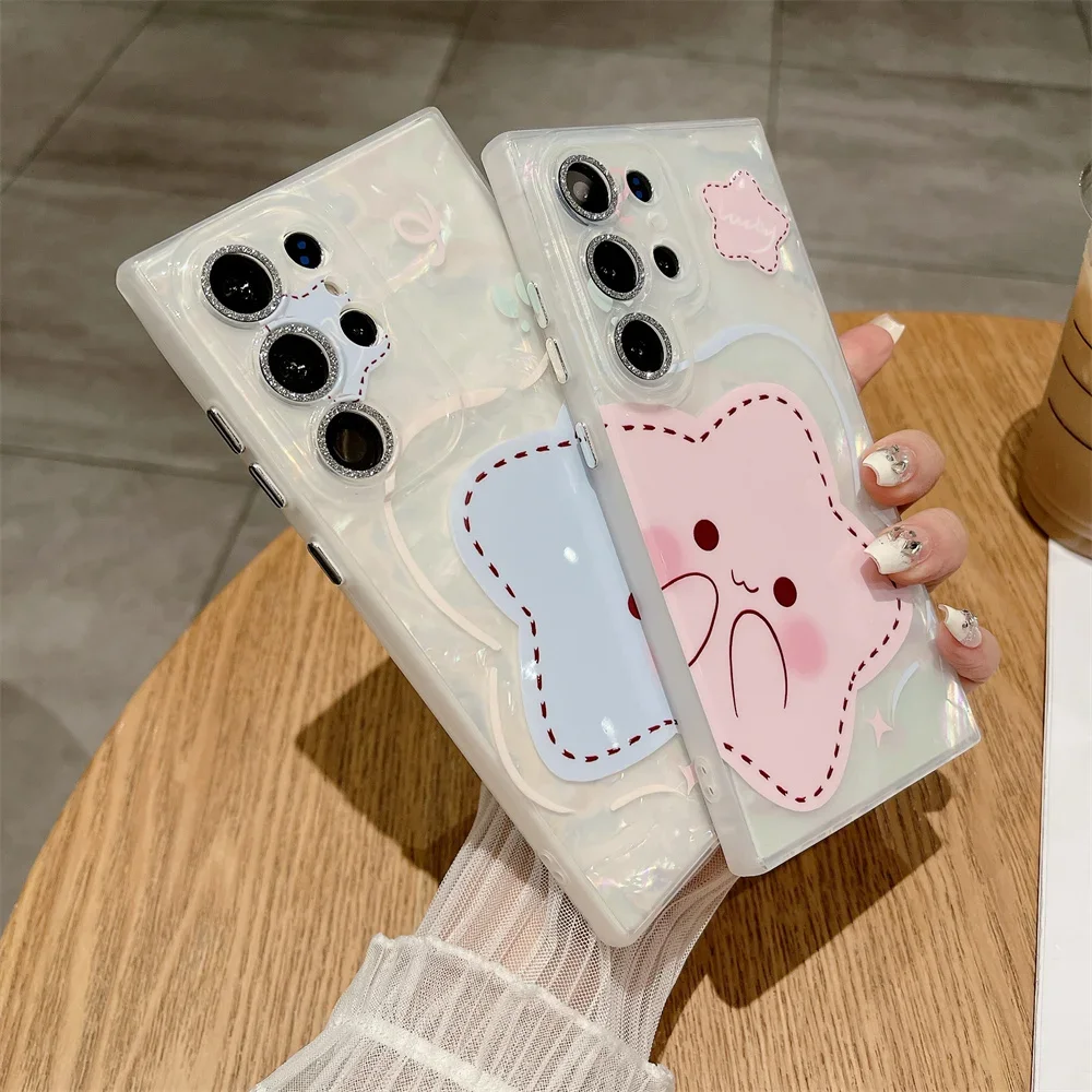 Luxury Gradient Laser Shell Case with Glitter Camera Protection and Cartoon Design