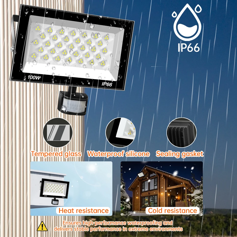 2pcs PIR 모션 센서 LED 투광 조명 100W/60W/30W AC220V 방수 IP66 야외 스포트라이트 6500K 건물 외부 조명
