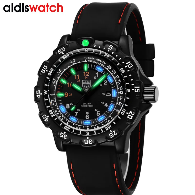 

ADDIES Outdoor Army Sports Luminous Tube Quartz Wrist Watches 50M waterproof Men Black Silicone Military Watch Clock Men's watch