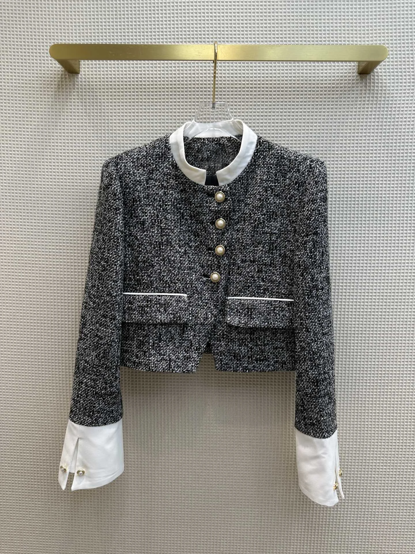 

Pearl button design stand collar small coat rich little sister is elegant and noble9.42023