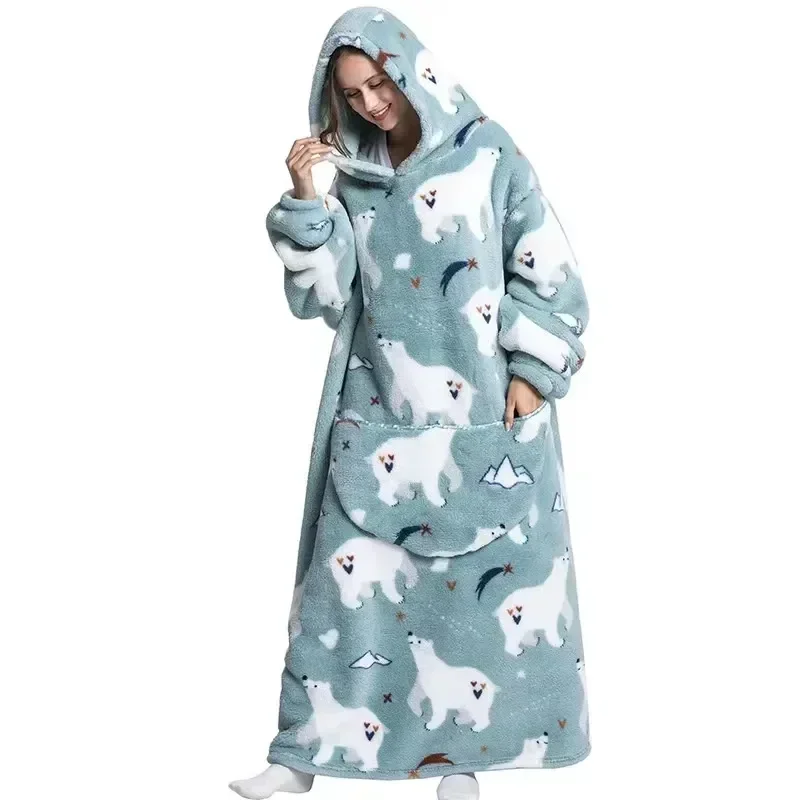 

2024 Super Long Flannel Blanket with Sleeves Winter Hoodies Sweatshirt Pullover Fleece Giant Wearable Blanket Hoodie Oversized
