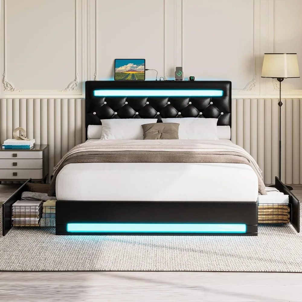 Bed Frame Full Size Bed Frame with LED Light, PU Leather Platform Bed Frame with 4 Drawers, Adjustable Crystal Button Tufted Headboard