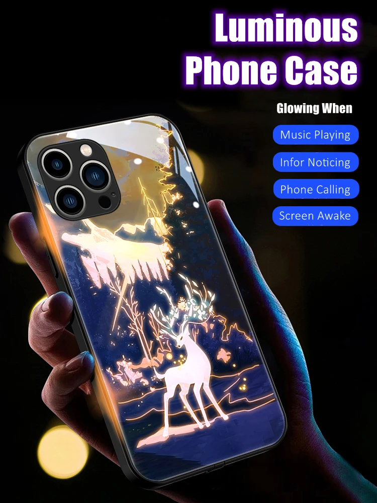 

Elk LED Light Glowing Luminous Flexible Border Tempered Glass Phone Case for iPhone 11 12 13 14 15 X Xs Mini Pro Max Plus Cover