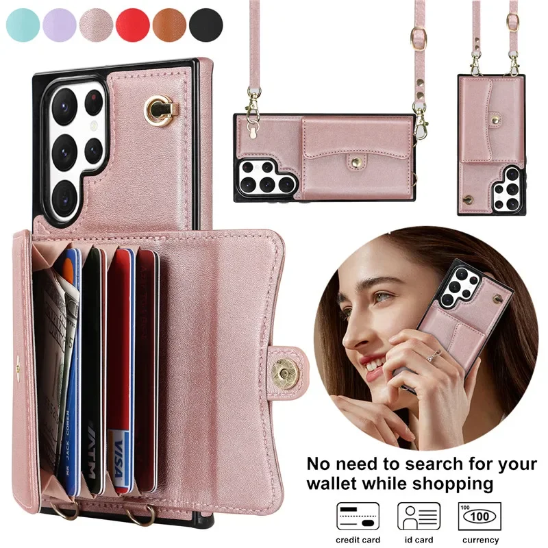 Lanyard Leather Wallet Phone Case with Flip Stand Cover and Back Bag