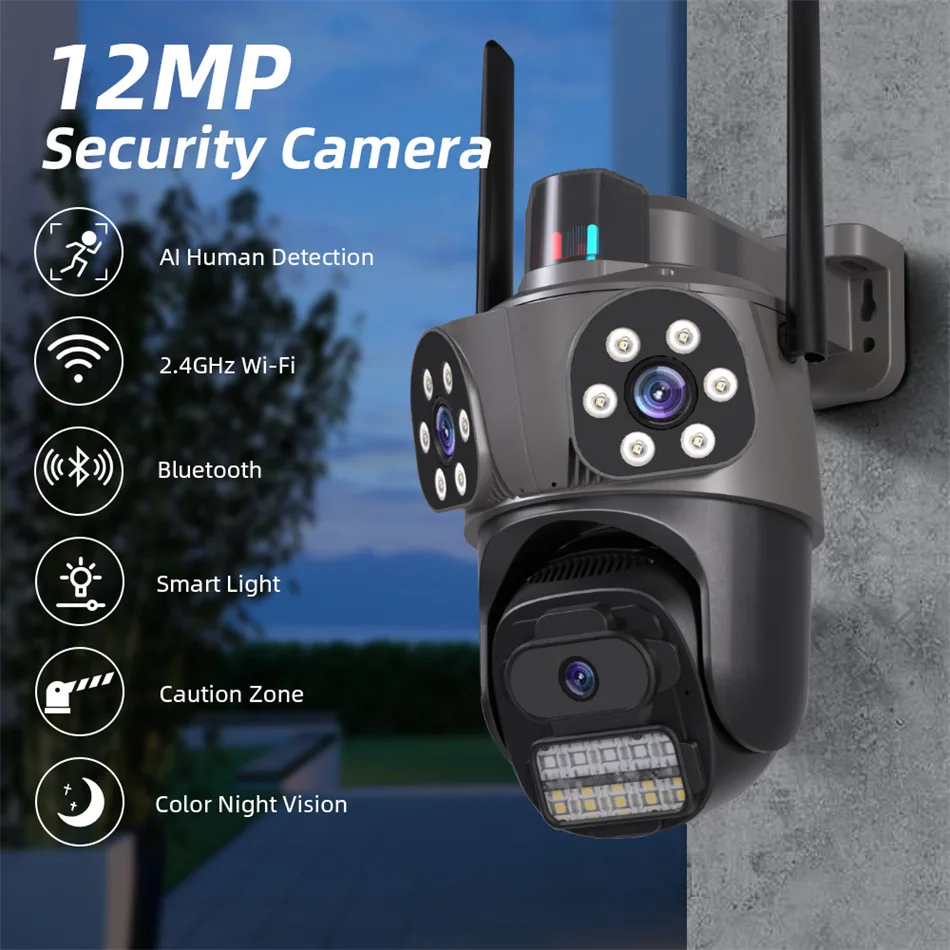 12MP 6K HD WiFi IP Camera Outdoor Three Lens Three Screen PTZ Camera Auto Tracking Home Security CCTV Surveillance 6MP iCSee Cam 2