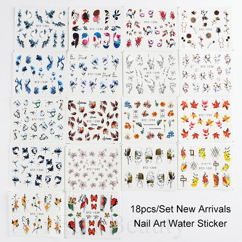 14pcs Black Nail Stickers Slider Flower Lotus Butterfly DIY Floral Designs Water Tattoo for Wraps Decals Manicure Set STZ880-902