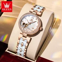 OLEVS 7086 Women Watch Diamond Heart Hollow Women Automatic Mechanical Watch Luxury Rose Ceramic Waterproof Women Dress Watch
