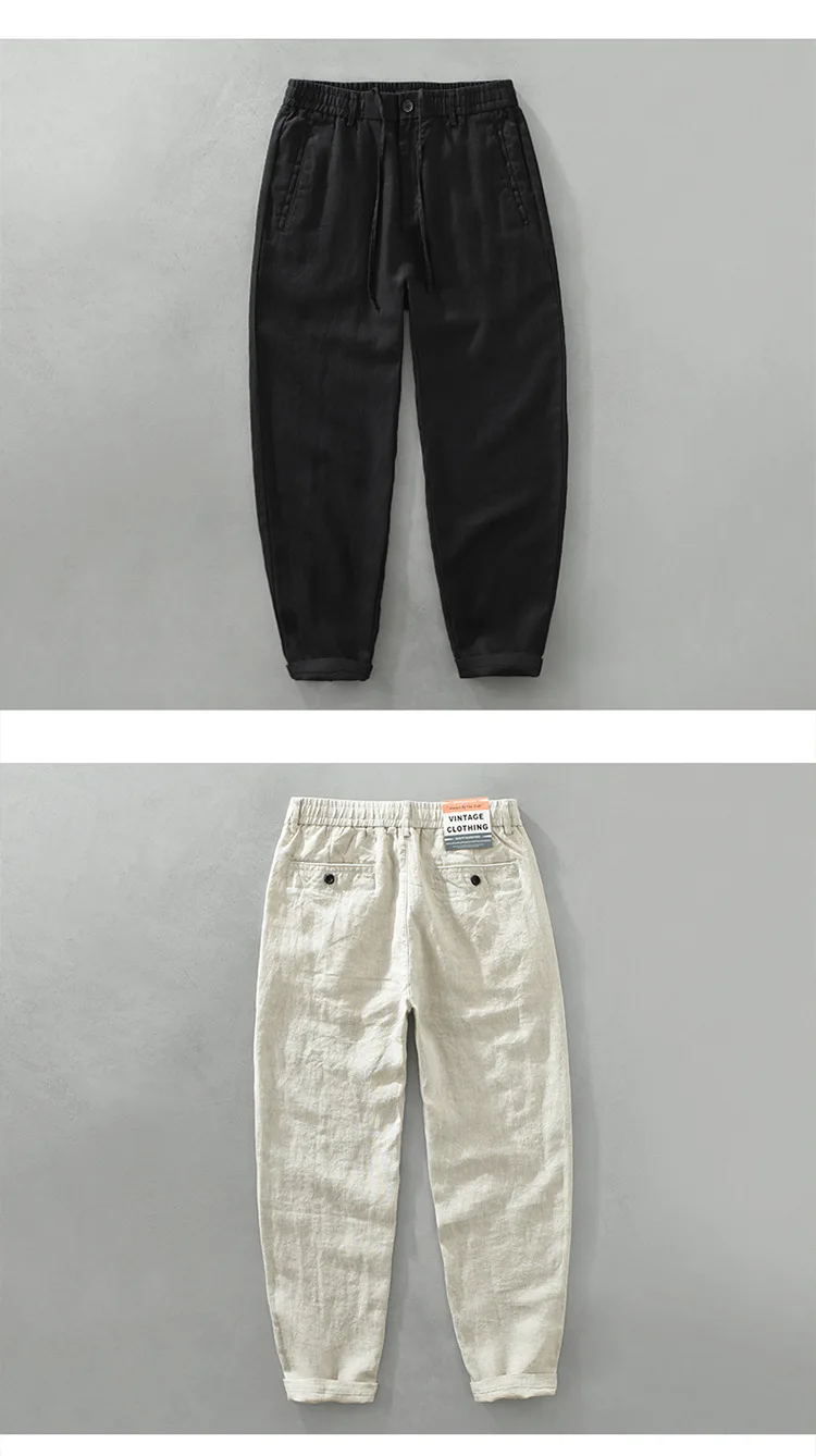 Men's linen casual pants, drawstring elastic waist, loose and breathable linen beach trousers